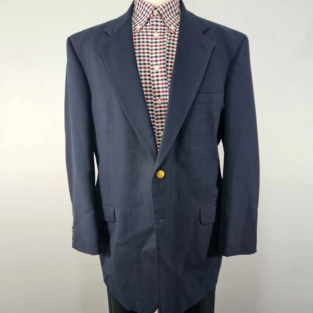 VTG Stafford Men's Sport Coat Blazer Two Button Navy Polyester Wool‎ 46L